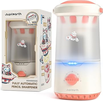 JUPITEARTH Electric Pencil Sharpener for Kids, Hands-Free, Rechargeable, Auto in & Out Spaceship Fully Automatic Pencil Sharpener Fits 6.9-11mm Colored/No.2 Pencils for Classroom Home Office Pink