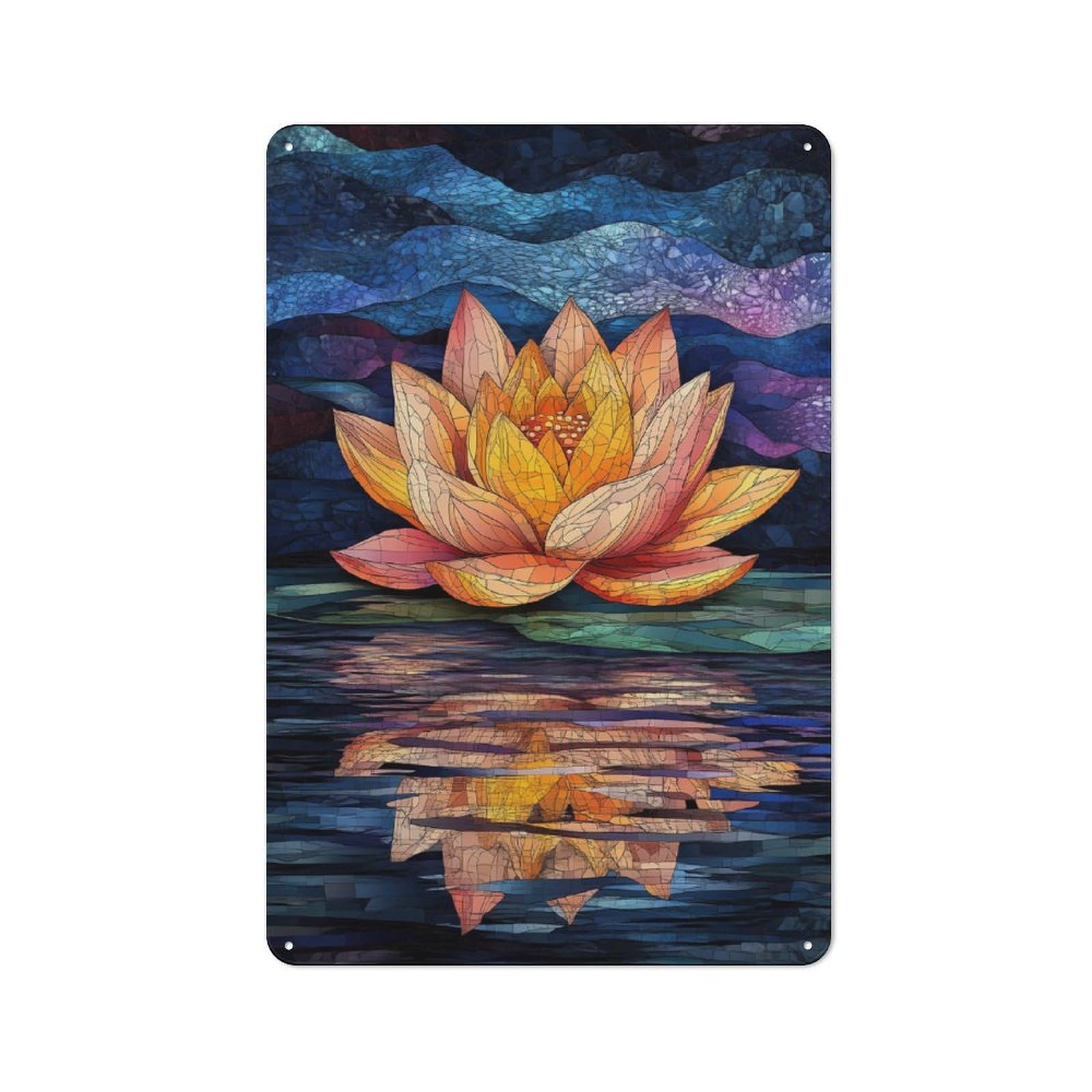 Water Lily Reflection Stained Glass Art Vintage Tin Sign 30x20cm for Café Or Restaurant, for Café Owners And Decorators, for Retro Home Interiors