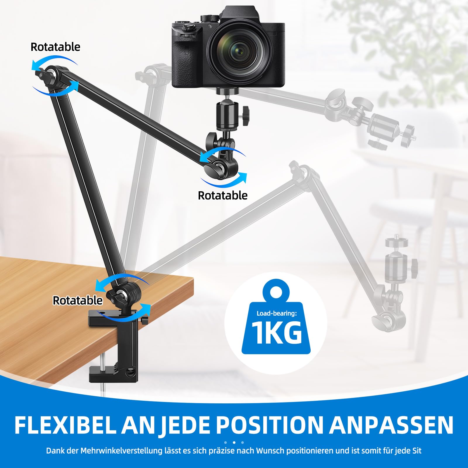 Webcam Ständer Halterung, 70 cm Arm mit Klemme Schreibtisch Kamera Halterung mit 1/4'' Schrauben,Überkopf Tischkamera Telefonhalterung für DSLR Gopro Hero Action Kamera Videoleuchte Logitech Webcam