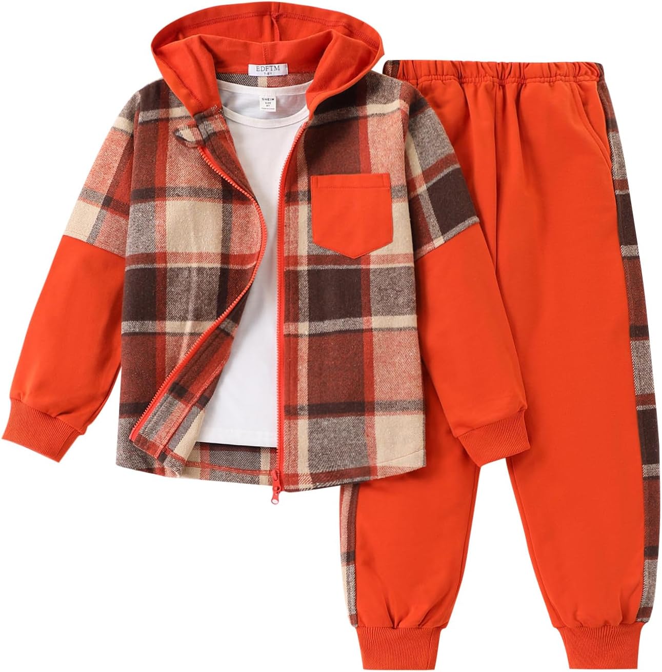2Pcs Girls Clothes Zip Up Plaid Flannel Hoodie Shirts and Jogger Sweatpants for Kid...