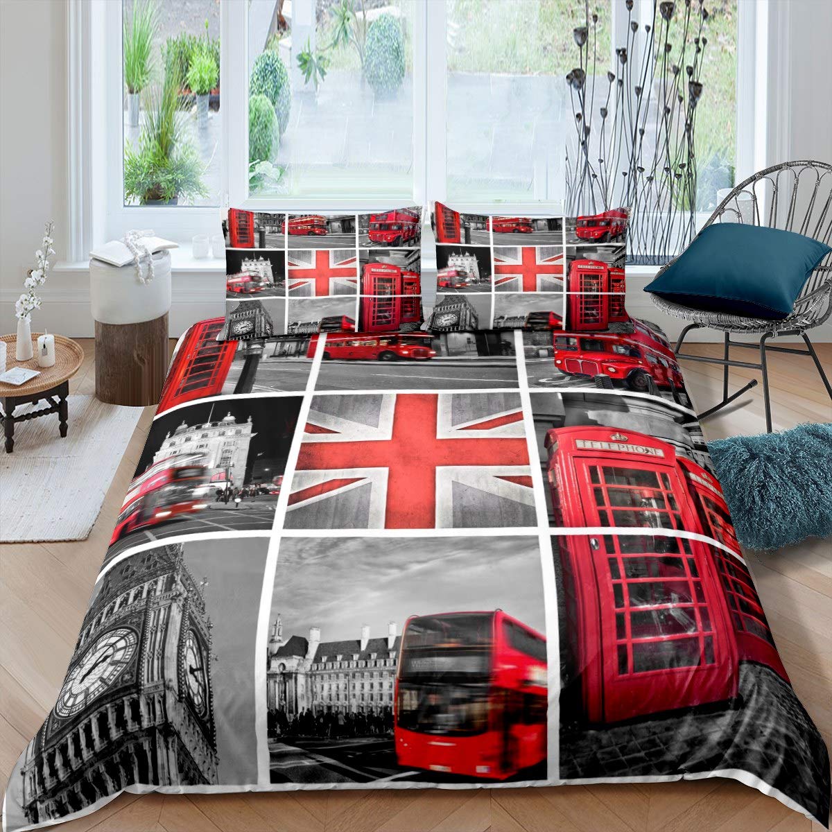 Loussiesd Girls Big Ben Comforter Cover For Kids Women Men Red Gray London Uk Theme Bedding Set Famous Telephone Booth Duvet Cover Retro England Bus Bedspread Room Decor Bedclothes King Size
