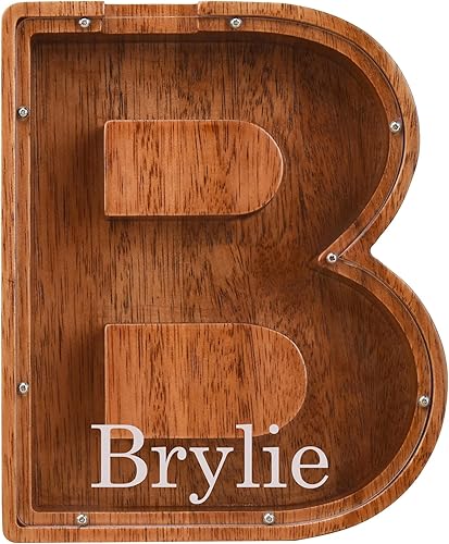 Vista 28 de Alcancía de madera personalizada con nombre grabado láser, 1.8 pulgadas de grosor, letras del alfabeto, banco de monedas, caja de dinero, iniciales