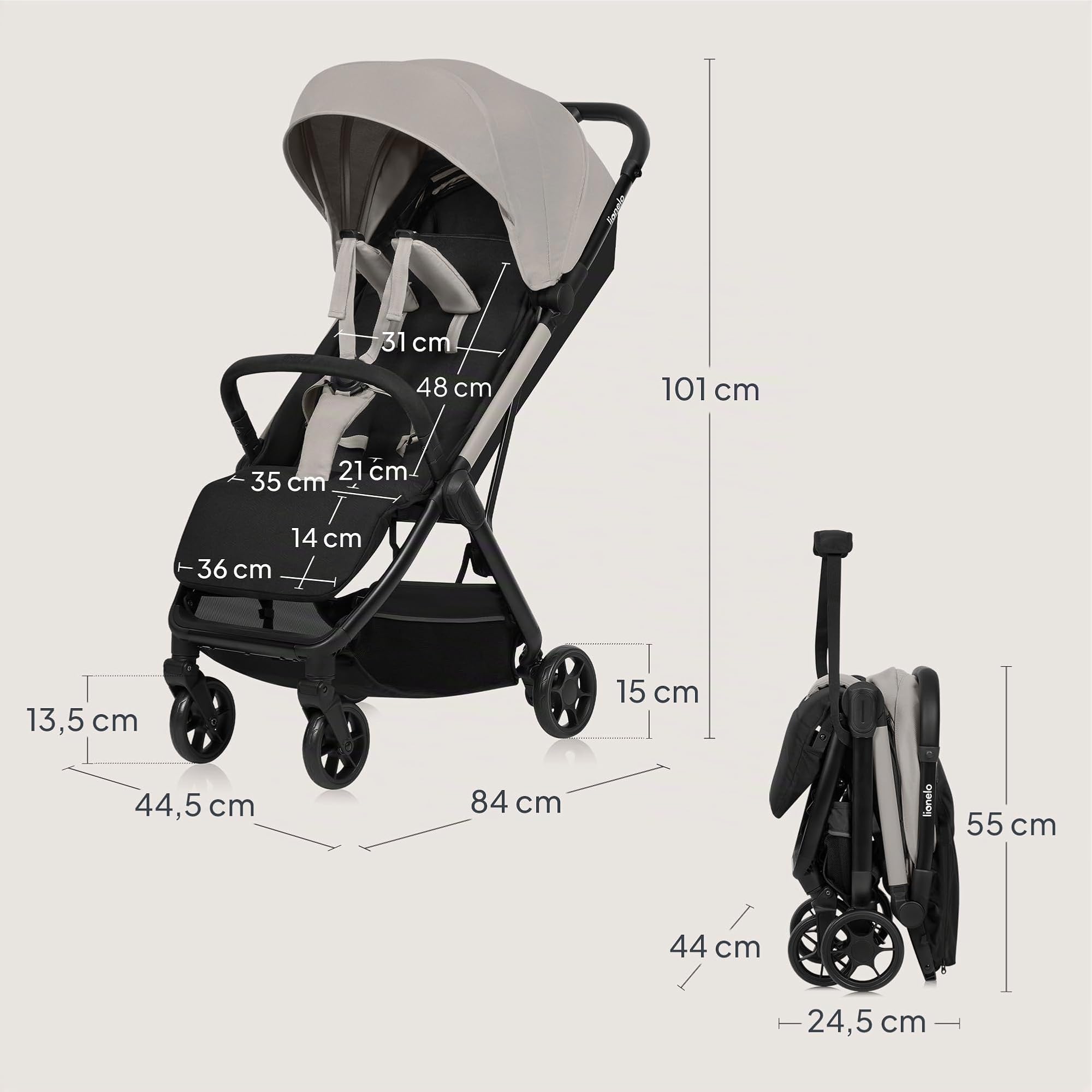 LIONELO Julie Air Carrito Bebe hasta 22 kg de 6 m a 4 años Para Avión Ruedas Giratorias 360° Suspensión Plegable con una Sola Mano Respaldo Ajustable Capota UPF50+, Ligero