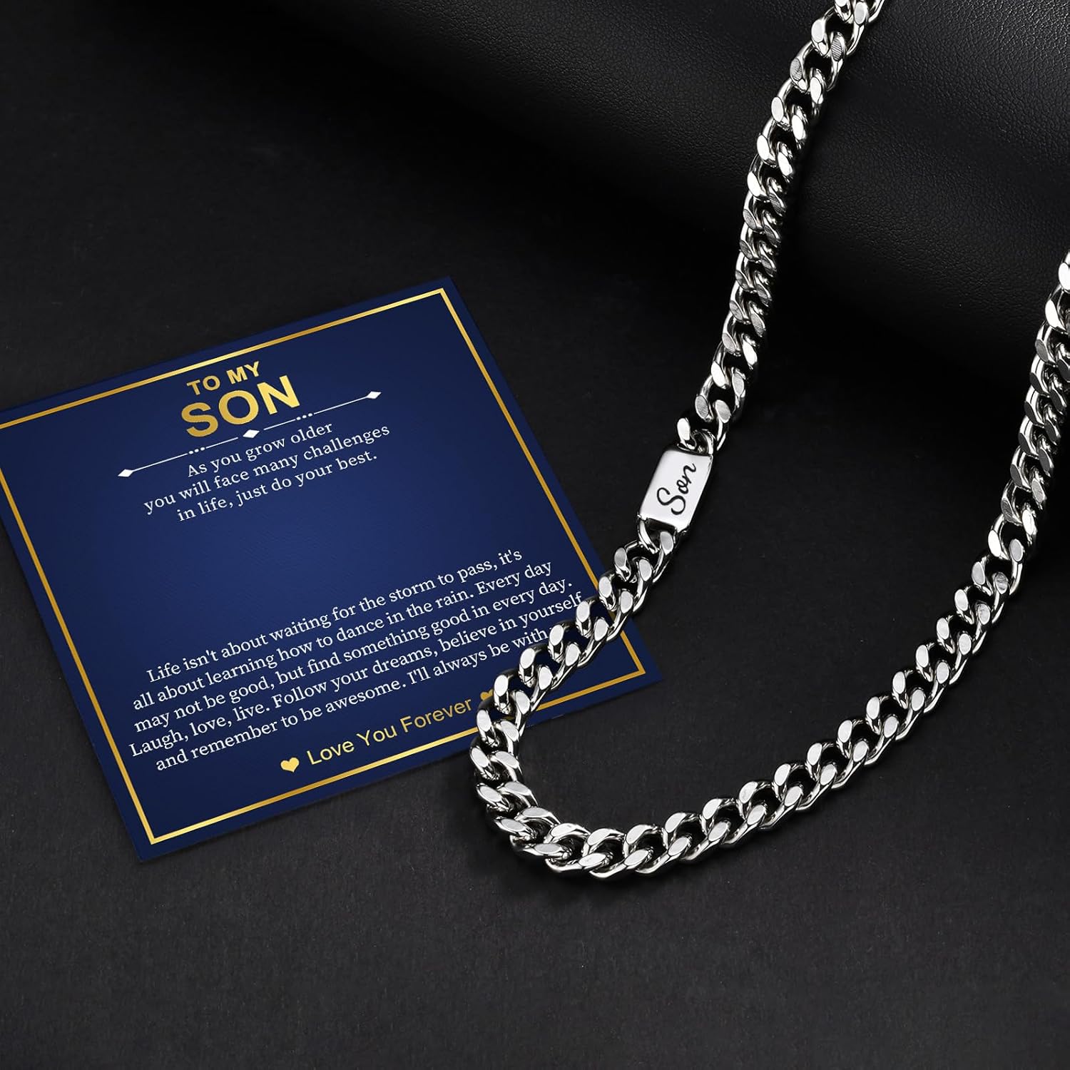 MEALGUET Cuban Link Chain Necklace for Men : Men's 316L Stainless Steel Silver Love You Forever Engraved Curb Chains Necklaces for Son Grandson Nephew Boyfriend, Jewelry Gifts for Birthday Valentines - Image 3