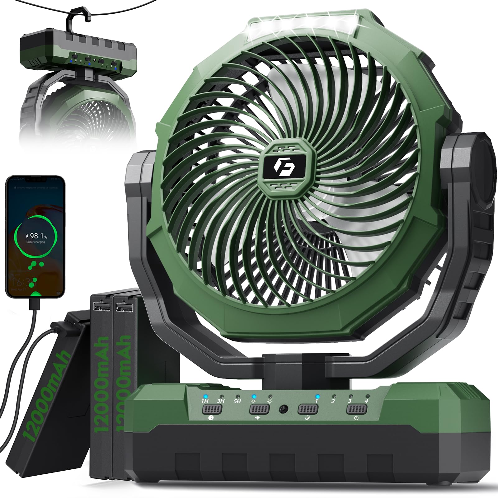 FRIZCOL 3-in-1 Camping Fan - Portable Fans Rechargeable - 36000mAh Detachable Battery Powered Fan with Light &amp; Remote for Indoor, Outdoor, Tent, Travel, Fishing, Jobsite, Gifts for Men Dad Him - Green
