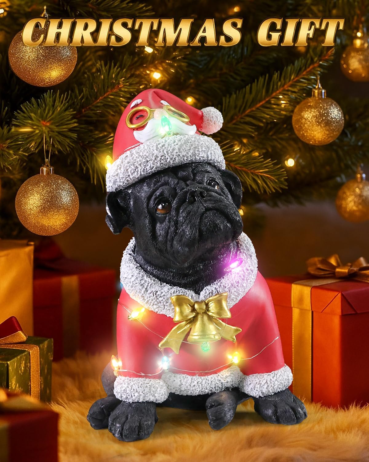 Outdoor Christmas Dog Statue Decorations - Santa Gifts Christmas Decor Bulldog with Red Santa Hat Statues and LED Lights for Home Indoor Outdoor X'Mas Presents