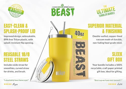 Miniatura 2 de Greens Steel Beast - Vaso de acero inoxidable con aislamiento al vacío para café, taza de hielo, termo de viaje de doble pared, 40 onzas (limón)