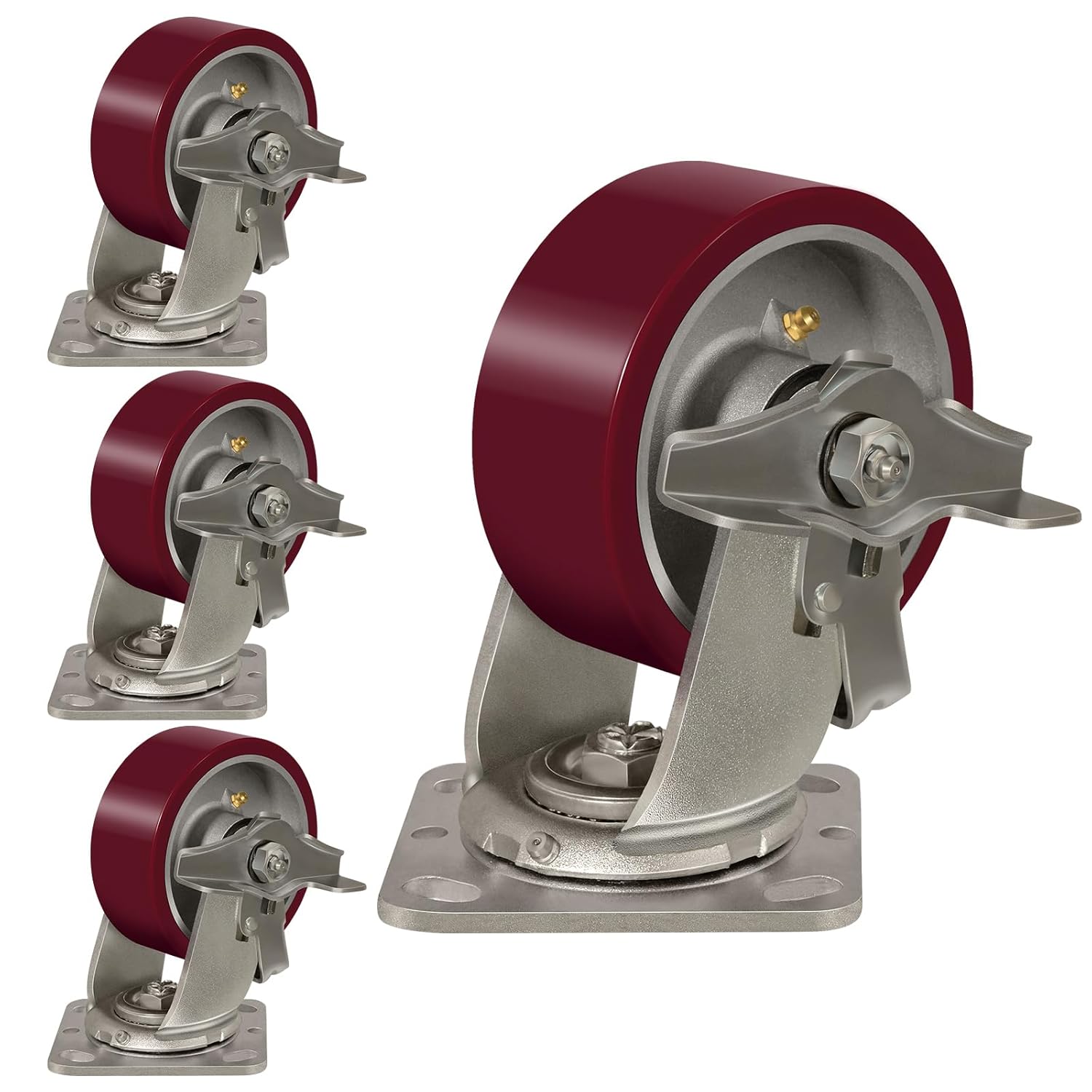 5'' × 2'' Caster Wheels Heavy Duty Swivel Casters Set of 4, Plate Industrial Casters with Load 4000lbs Capacity, Aluminum Core Polyurethane Caster (4 Brake)