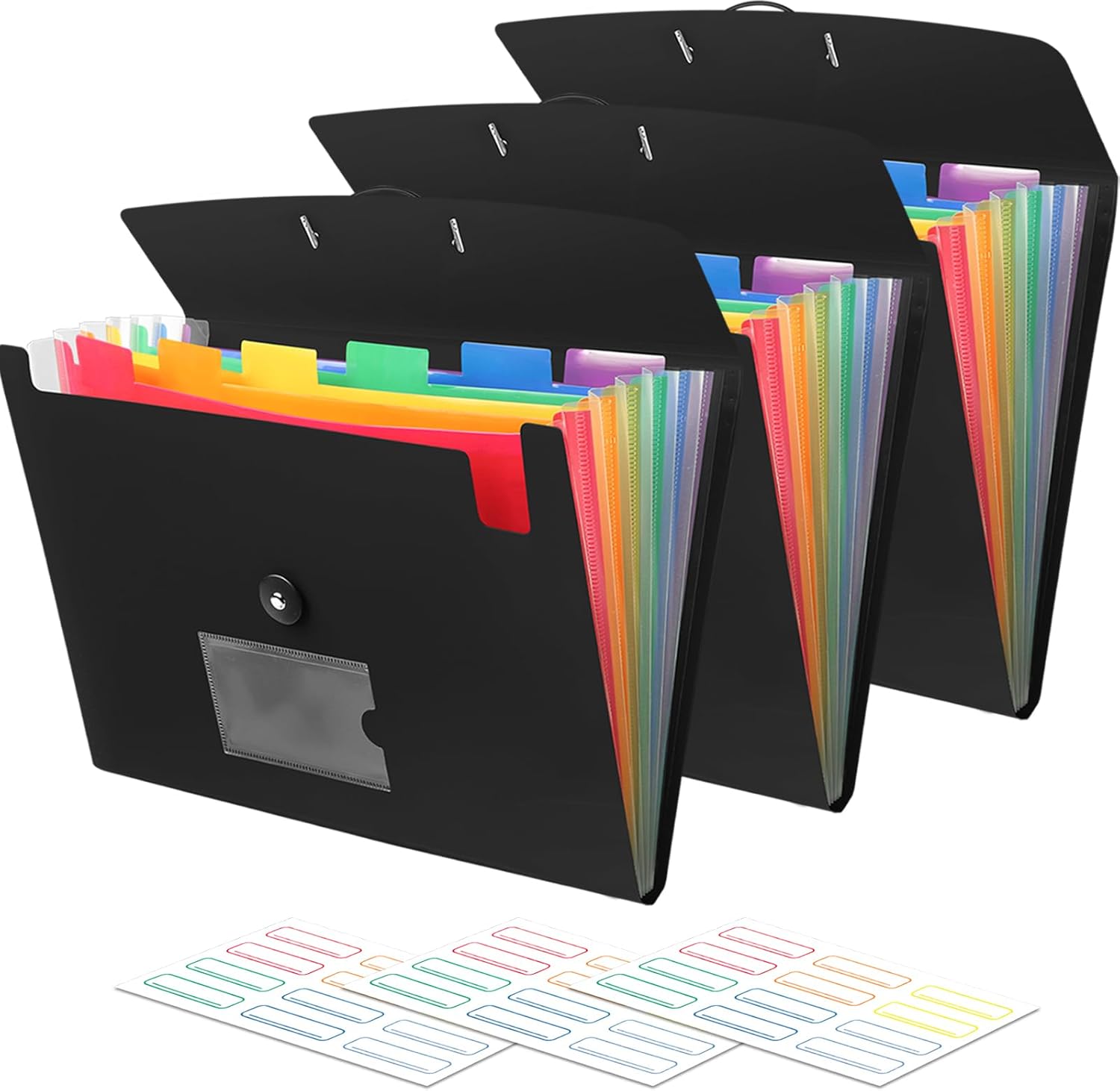 Accordian File Organizer 7 Pocket Expanding File Folder with Labels, Plastic Expandable File Folder for Documents Letter Size A4 Papers - 5-Pack Black