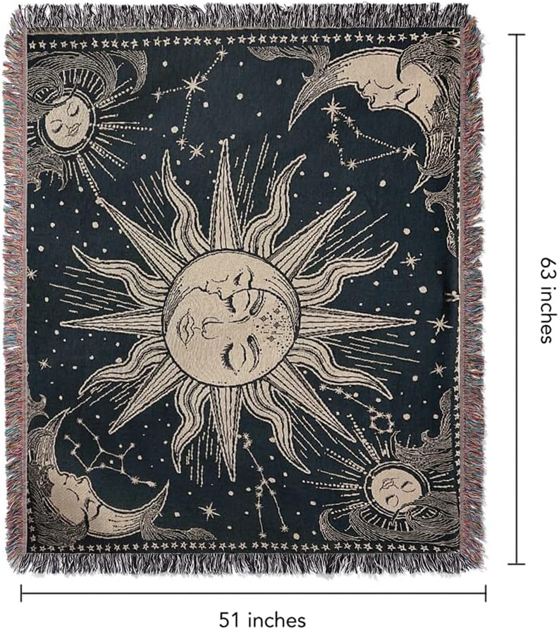 Sun Moon God Throw Woven Blanket with Tassel for Home Decoration Chair Couch Sofa Bed Beach Travel Picnic Cloth Tapestry Shawl Cozy Cotton (Dark Blue 63×51 Inches)