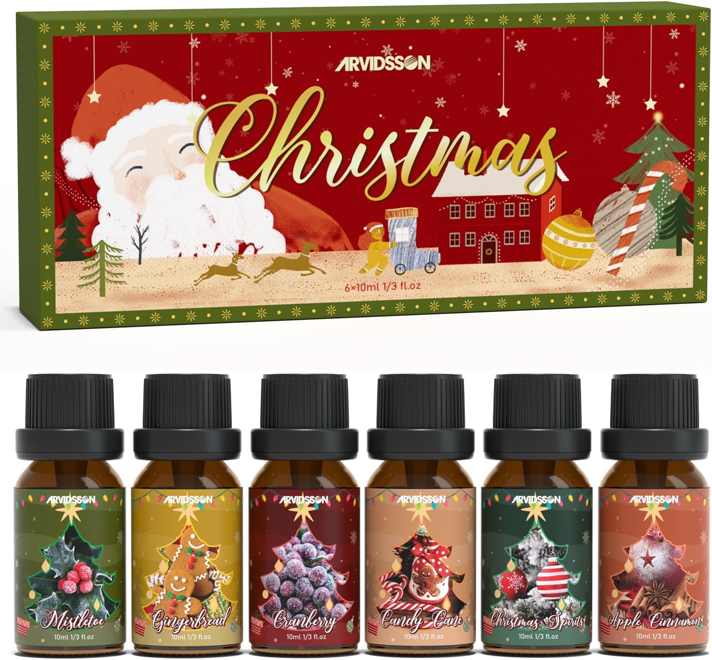 ARVIDSSON Christmas Fragrance Oil Set, Winter Essential Oils for Diffuser, Candle Making - Christmas Spirit, Gingerbread, Apple Cinnamon, Candy Cane, Mistletoe, Holiday Diffuser Oils Gift Set