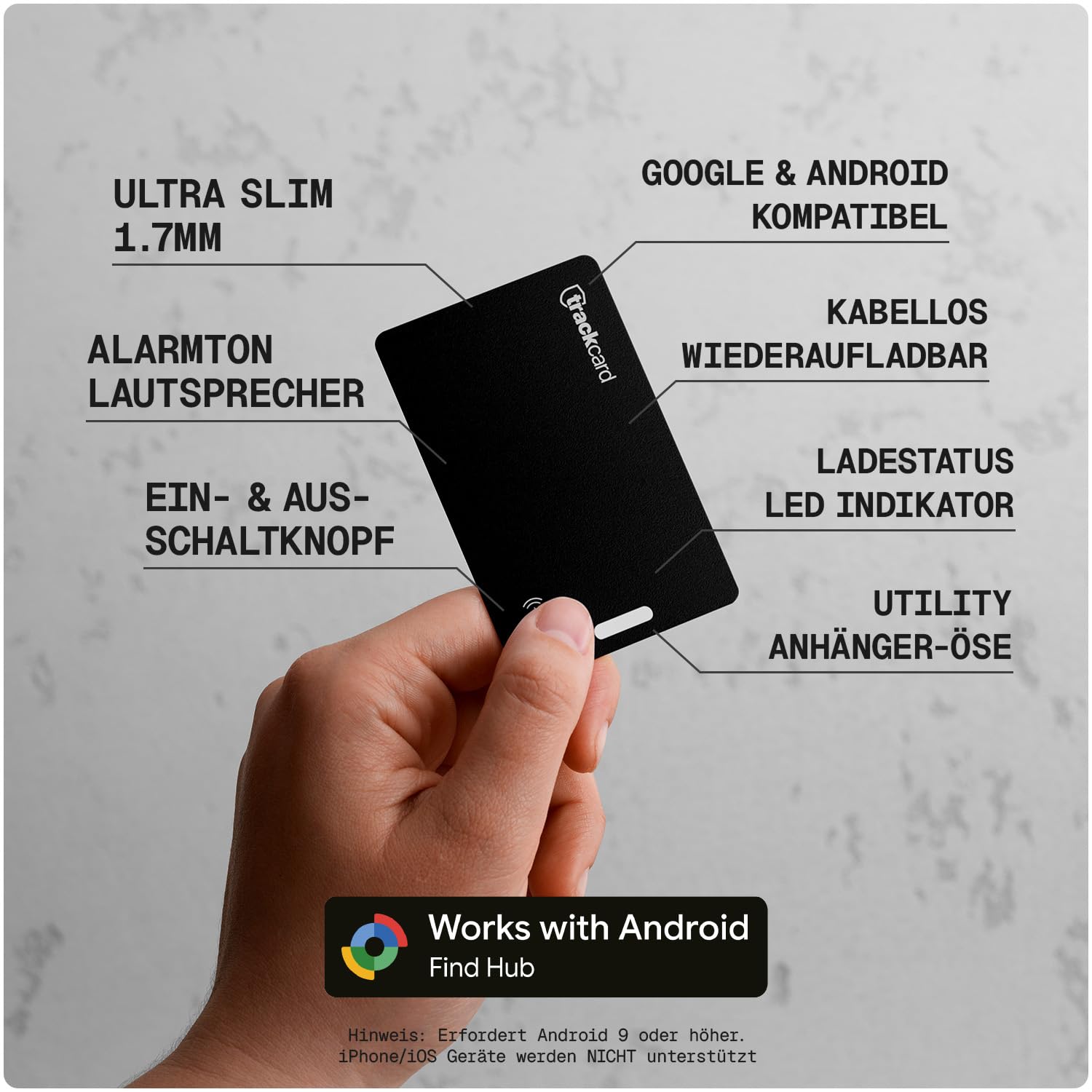 One für Android Tracker Karte für Deine Geldbörse, Ultradünn, Kabellos Wiederaufladbar & Alarm, Kompatibel mit Google Mein Gerät Finden & Find Hub, Smart GPS Tracker Android Tag