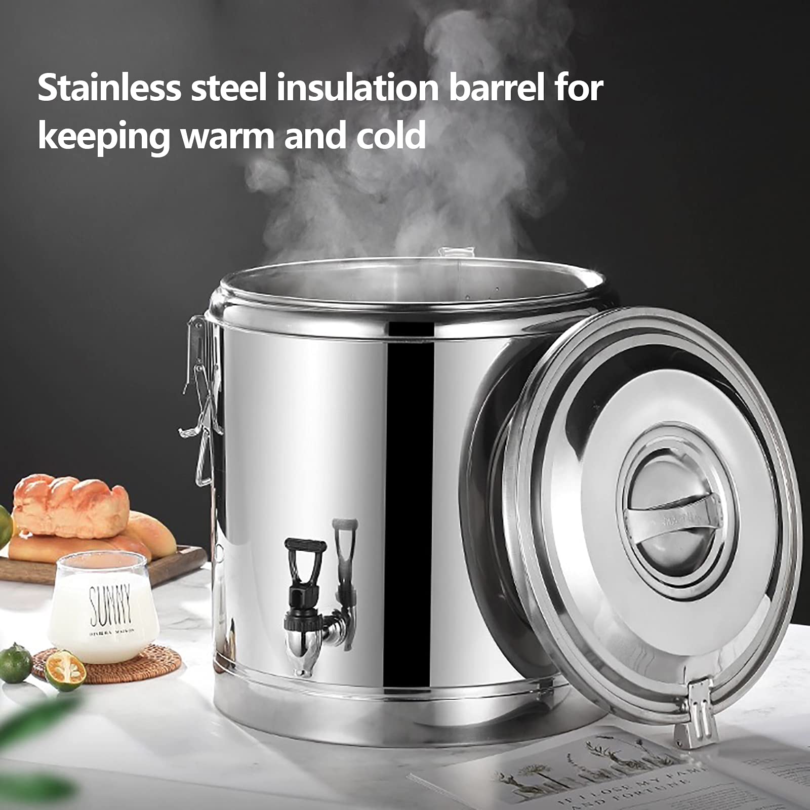 Termo de 40 litros con tapa, recipiente de acero inoxidable con grifo de drenaje, asas de transporte, cierre de tensión, caja térmica para catering, contenedor de transporte, plata, 39 x 38