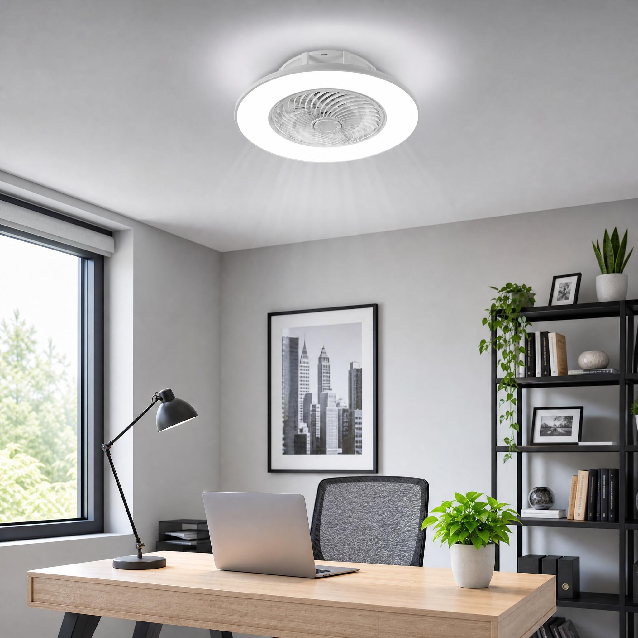 Wentylator sufitowy z oświetleniem, Ø 56 cm, ściemniana, lampa sufitowa LED, wentylator z pilotem zdalnego sterowania, 2800 K-6500 K, 3 stopnie nawiewu, cicha lampa sufitowa z wentylatorem, do