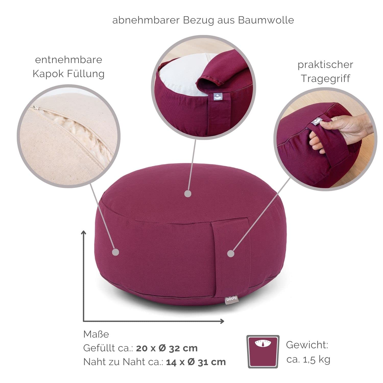 Bodhi Meditationskissen Rondo | ECO Serie | Yogakissen mit Kapokfüllung | Abnehmbarer Bezug aus 100% Bio-Baumwolle | Höhe 20 cm | Sitzkissen mit praktischer Trageschlaufe
