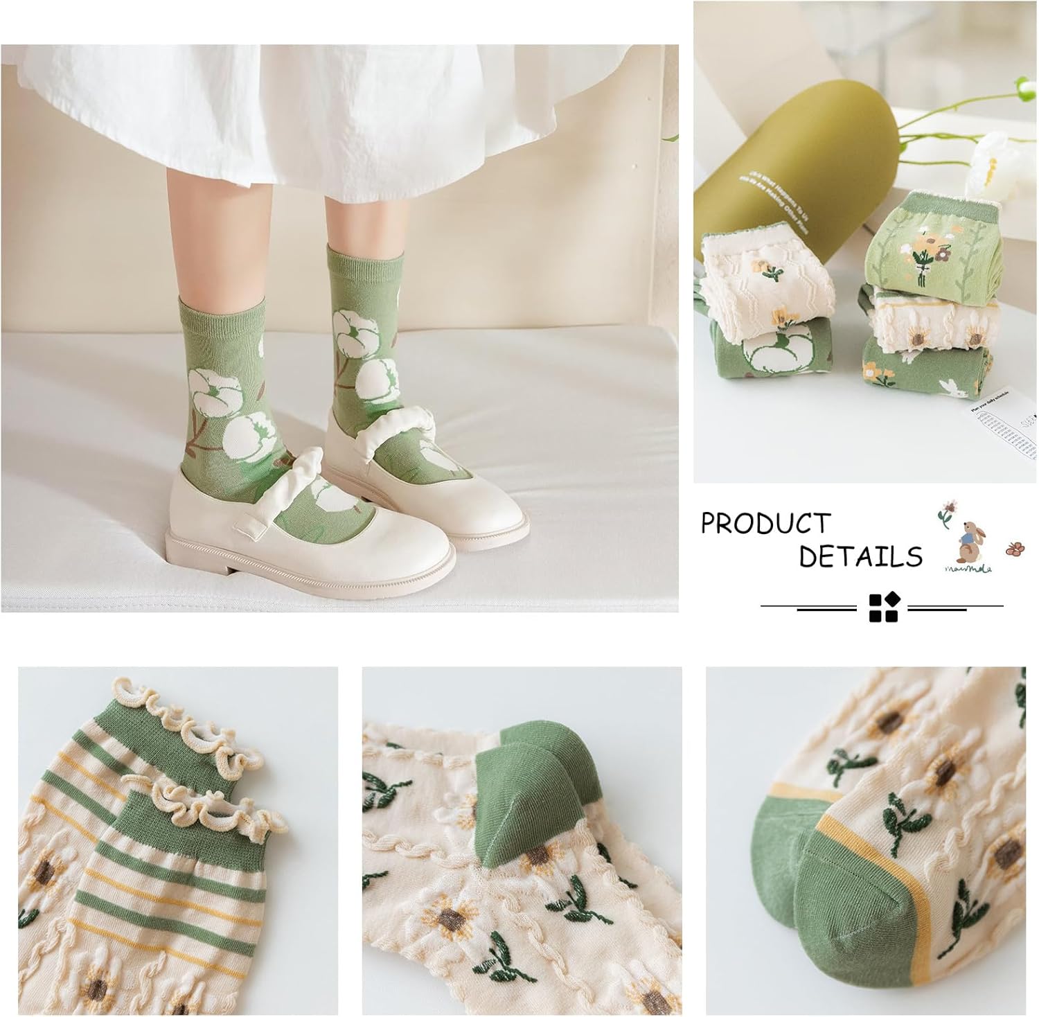DXYAKY 5 Pairs Vintage Floral Crew Socks for Women, Soft Cotton Embroidered, Cottagecore Ruffle Socks for Casual & Dress Wear - Image 7