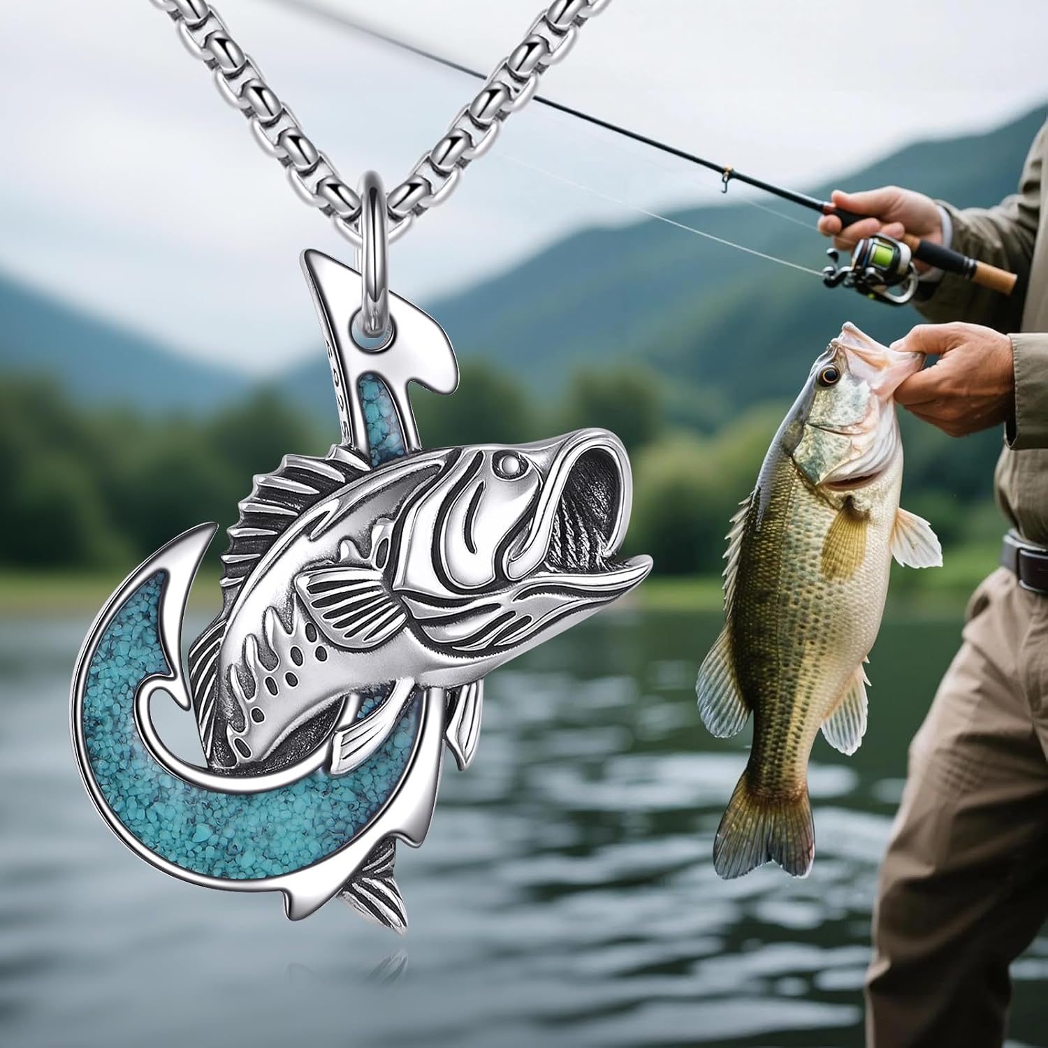Sterling Silver Bass Fish Necklace Turquoise Fish Hook Pendant Jewelry Gift for Men