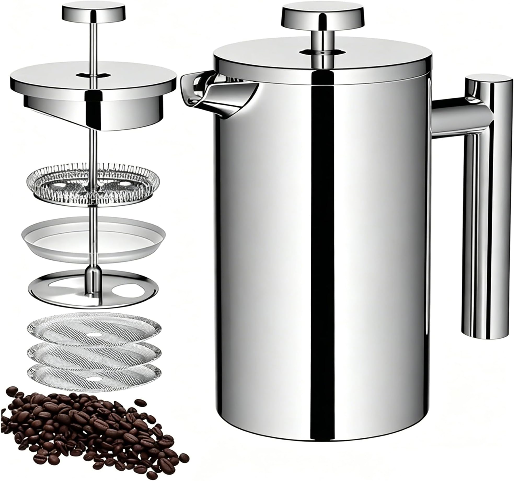Cafetiere French Press Coffee Maker 600ml/20oz Double-Wall Insulated Stainless Steel, 3 Level Filtration System, French Press for Home, Camping and Office,(2 cup to 4 cup)