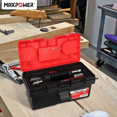 Miniatura 8 de MAXPOWER - Caja de herramientas de plástico, 14 pulgadas, con bandeja extraíble con doble bloqueo, color rojo