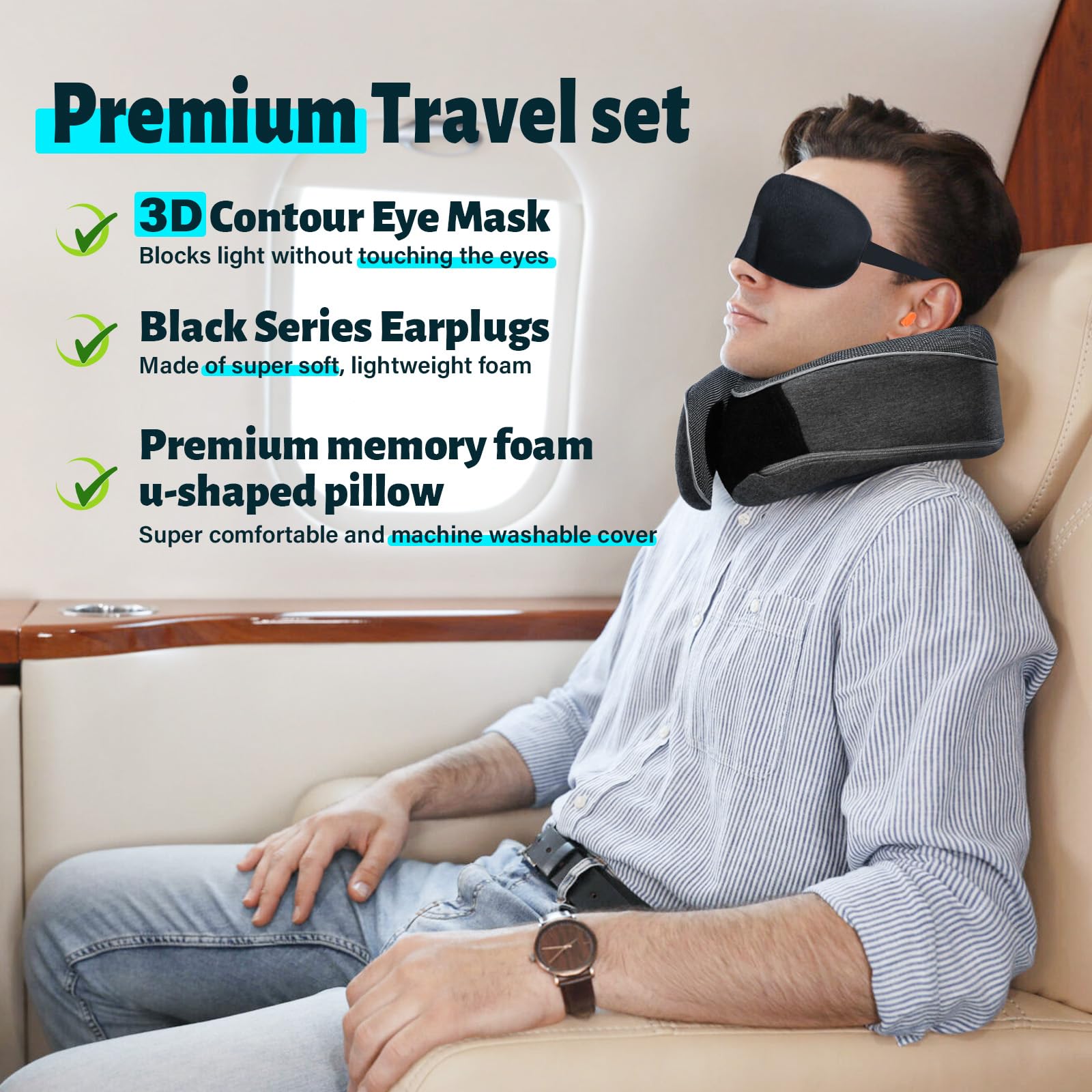 Cuscino Da Viaggio Memory Foam Con Maschera E Tappi - Grigio Scuro Per Aereo E Auto - Foto 7