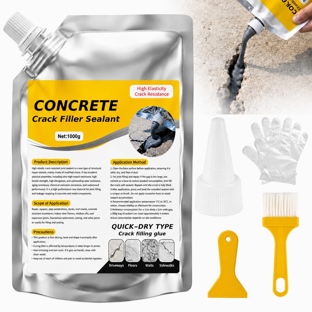 Concrete Crack Filler Sealant, High Elasticity Cement Crack & Wall Gap Filler, Fast Drying Waterproof Caulking Glue For Slabs, Driveways, Floors, Bathroom, Kitchen, Window Sill Joints (1000g) | Suitable For Concrete, Brick, Tile, Stone, Wood And Metal With Complete Kit-image-29