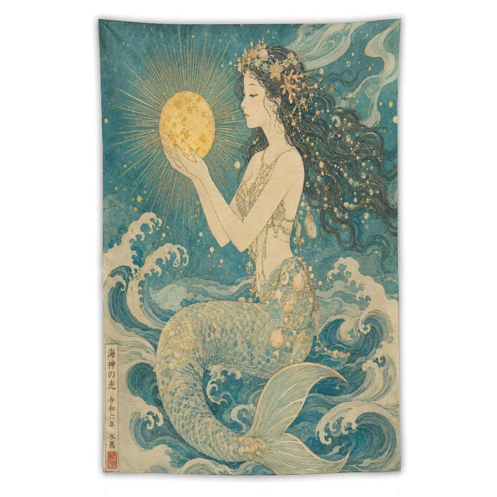 W7C8U2X3 Mermaid Holding Moon Wall Tapestry, Art Nouveau Style, Office