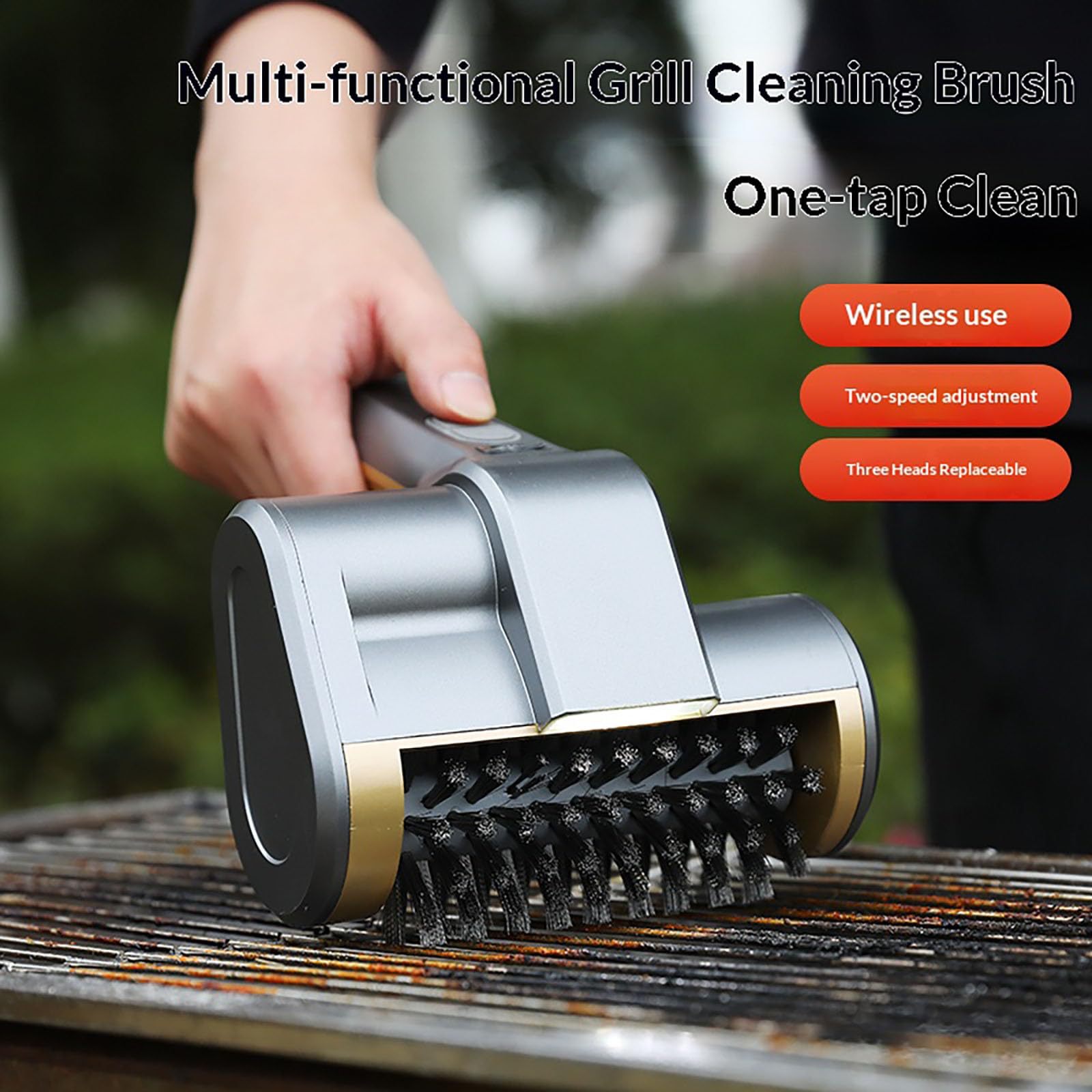 Cepillo eléctrico para parrilla con 3 cabezales reemplazables, 2 velocidades, 140 minutos de funcionamiento, limpiador inalámbrico para parrillas al aire libre