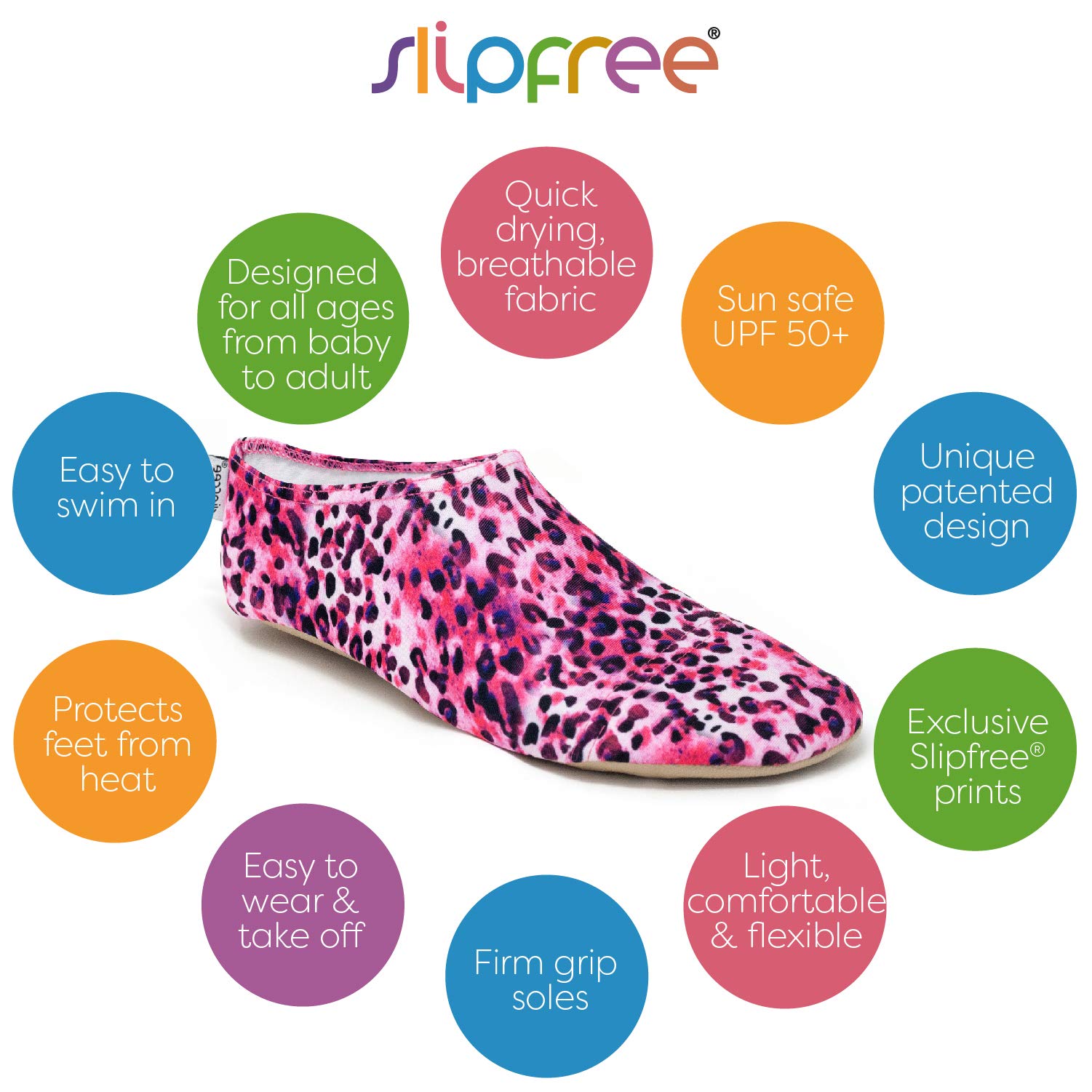 Slipfree UPF50+ - Scarpe da nuoto antiscivolo per bambini, per spiaggia, piscina e casa., Rosa (Tabby), Medium