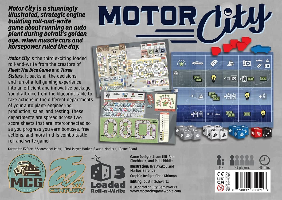 Motor City, A Strategic Roll and Write Board Game About Building Autos in Detroit - 25th Century Games
