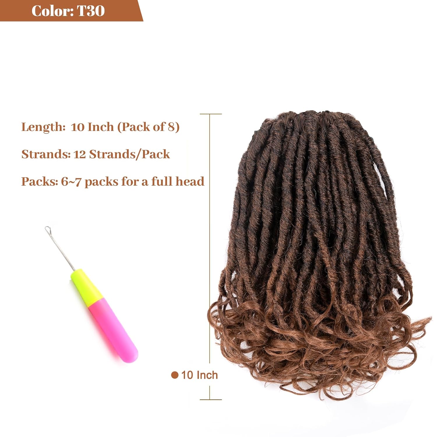 Toyotress French Curl Locs Crochet Hair - 14 Inch 8 Packs Ombre Brown Crochet Faux Locs With Curly Ends, Short Pre-Looped Soft Locs Braiding Hair Extensions (14 Inch, T30-8P)