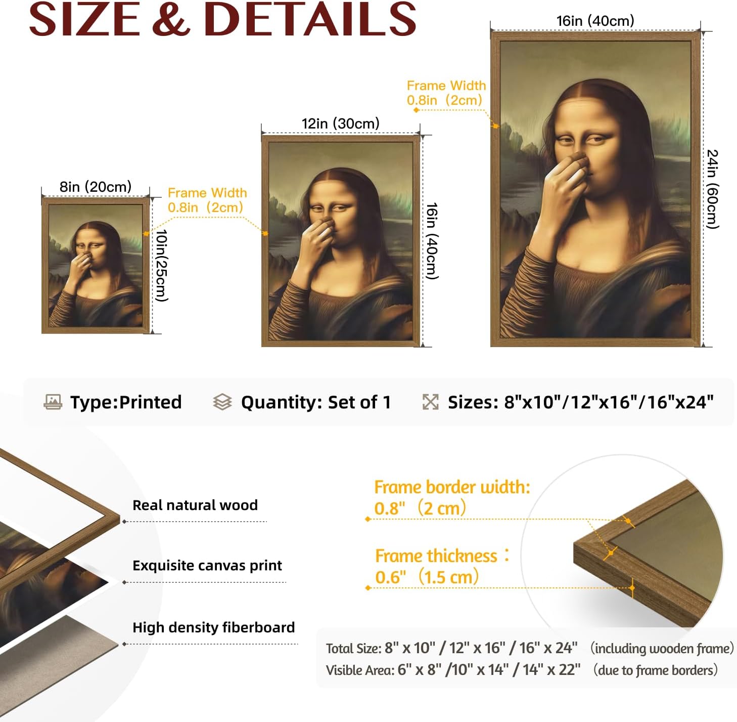 LERVR Wood Framed Funny Mona Lisa Bathroom Wall Art, Whimsical Mona Lisa Toilet Paper Wall Decor, Vintage Parody Bathroom Canvas Print, Humorous Pinching Nose Artwork for Restroom 12x16 Inch