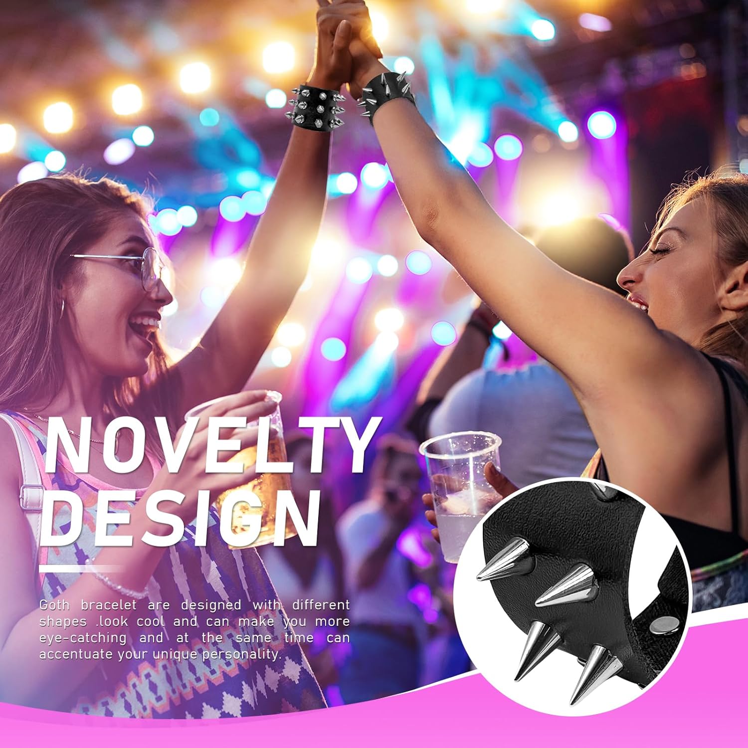 6 Pieces Punk Studded Bracelet,Spiked Leather Rivets Studded Bracelet,Spike Cuff Adjustable Metal Wristband Gothic for Halloween Men Women Accessories - Image 5