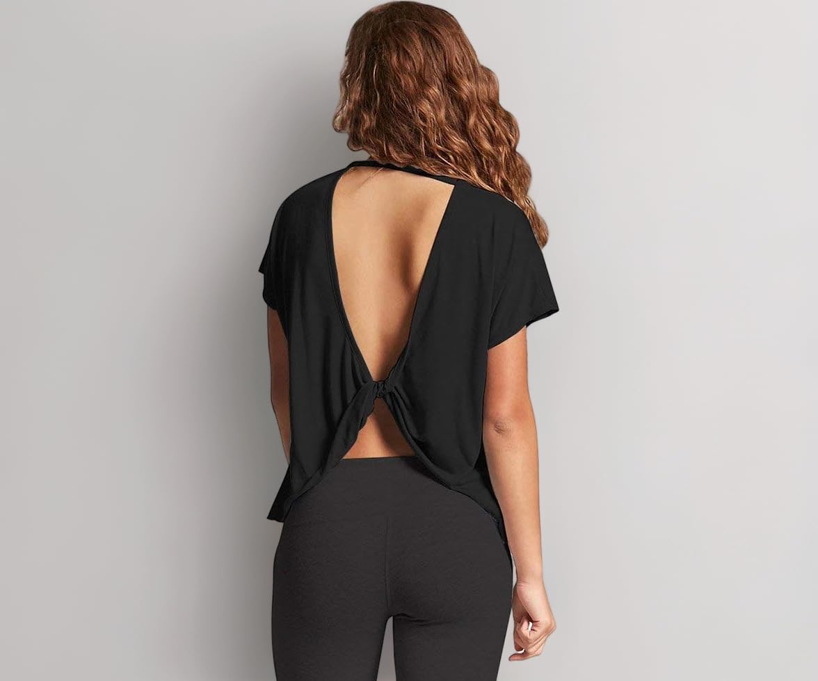 Mippo Womens Open Back Workout Tops Short Sleeve Athletic Gym Activewear Shirts Loose Fit