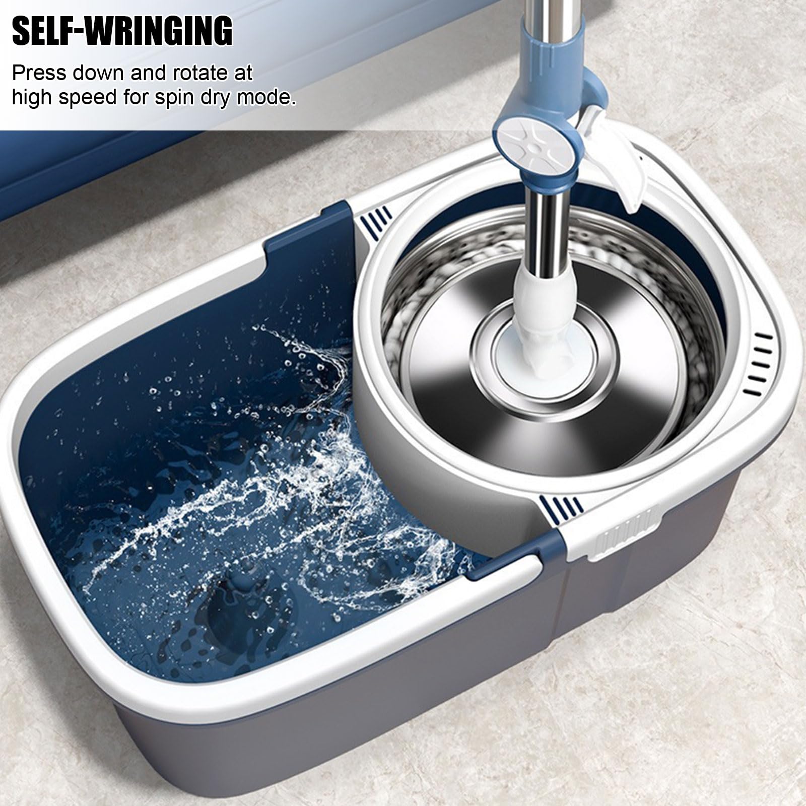 Este Juego de fregona giratoria y Cubo con escurridor Incluye 5 recambios de Microfibra y 2 Mangos Ajustables de Acero Inoxidable, Apto para la Limpieza de Suelos de Madera, laminados y Bald