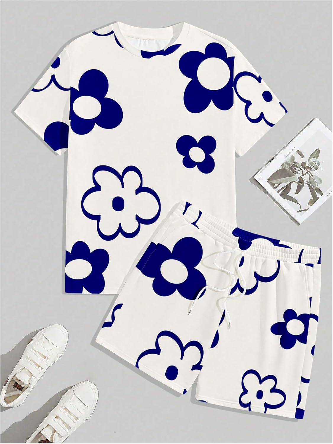 Floerns Men's 2 Piece Outfit Summer Floral Short Sleeve T Shirts Track Shorts Set Blue Medium