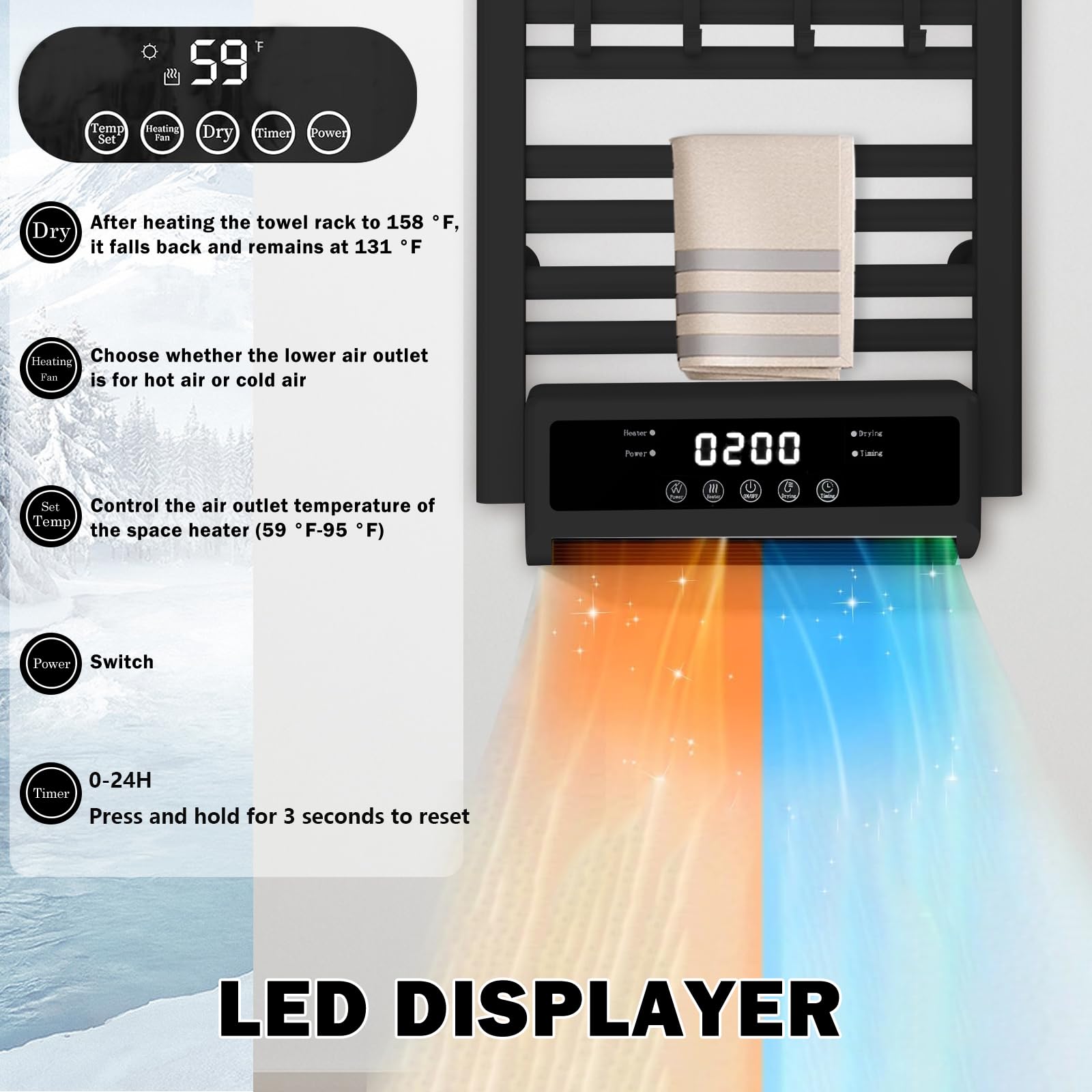 Radiateur Sèche-Serviettes Électrique 10 Barres, Porte-Serviettes Chauffant Mural, Chauffe-Serviettes à Température Réglable, Étanche IPX5, avec Minuterie et LED, pour Salle de Bain, Noir | FR
