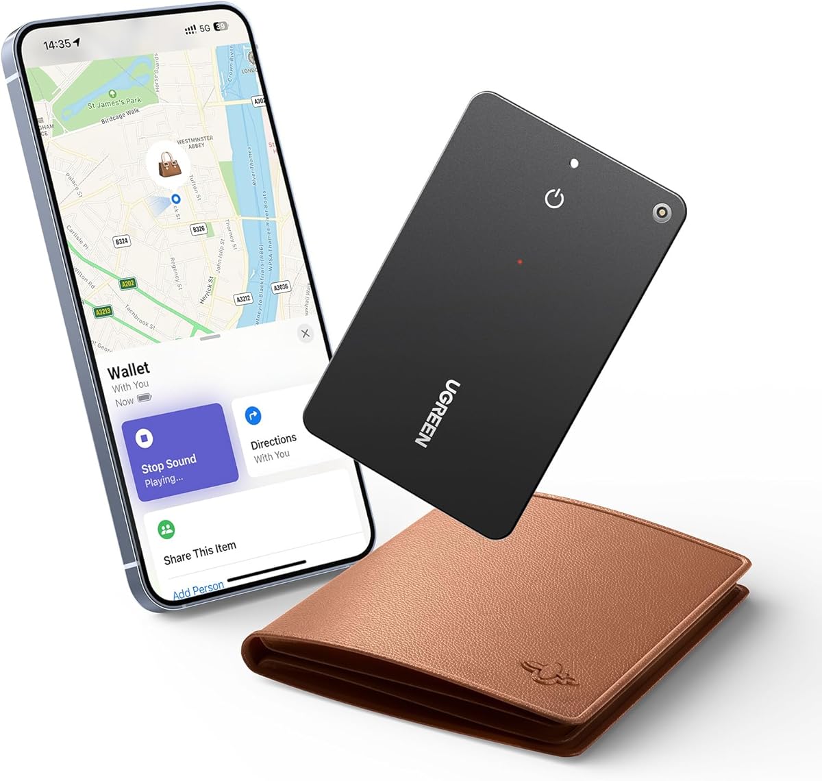 UGREEN FineTrack Slim Wallet Tracker Card (iOS Only), Bluetooth Tracker Card Finder 0.07in &IP68 Waterproof &One Charge Lasts A Year, Work with Apple Find My Rechargeable Tracker[Apple MFi Certified]