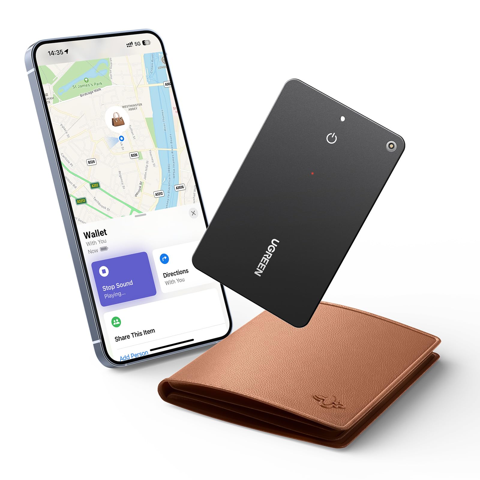 UGREEN FineTrack Slim Smart Finder Compatible with Apple Find My (iOS Only), 1.7mm Ultra-Slim Wallet Finder, IP68 Waterproof Rechargeable Bluetooth Tracker Card for Wallet, Key, Luggage Tags