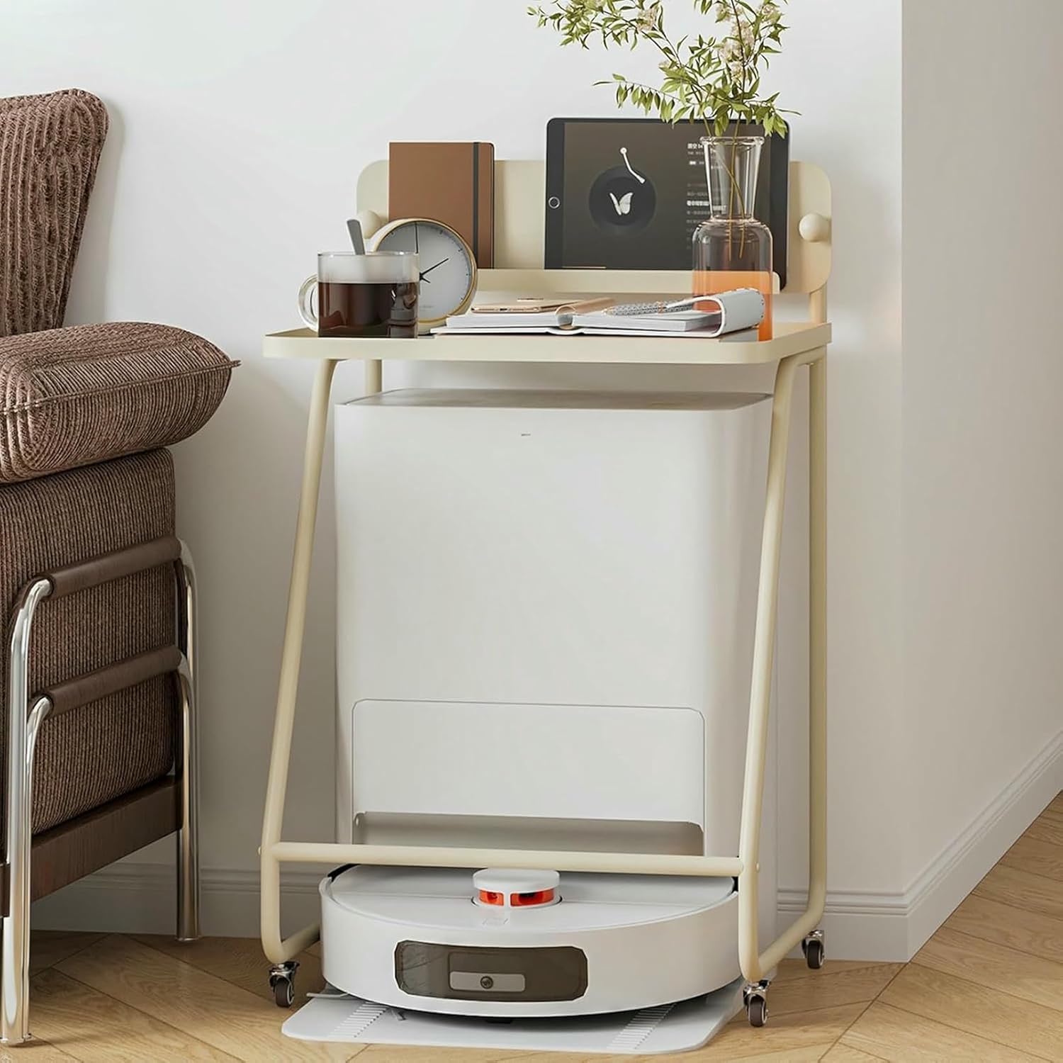 Robot Vacuum Storage Rack, Modern Metal Storage Cabinet with Wheels, Sweeping Cleaner Rack for Living Room, Dining Room,Kitchen, Home Office