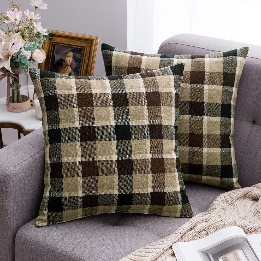 MIULEE Pack of 2 Decorative Throw Pillow Covers Checkered Plaids Tartan Linen Rustic Farmhouse Square Cushion Case for Bench Sofa Couch Car Bedroom Coffee and Brown 18x18 inch 45x45 cm