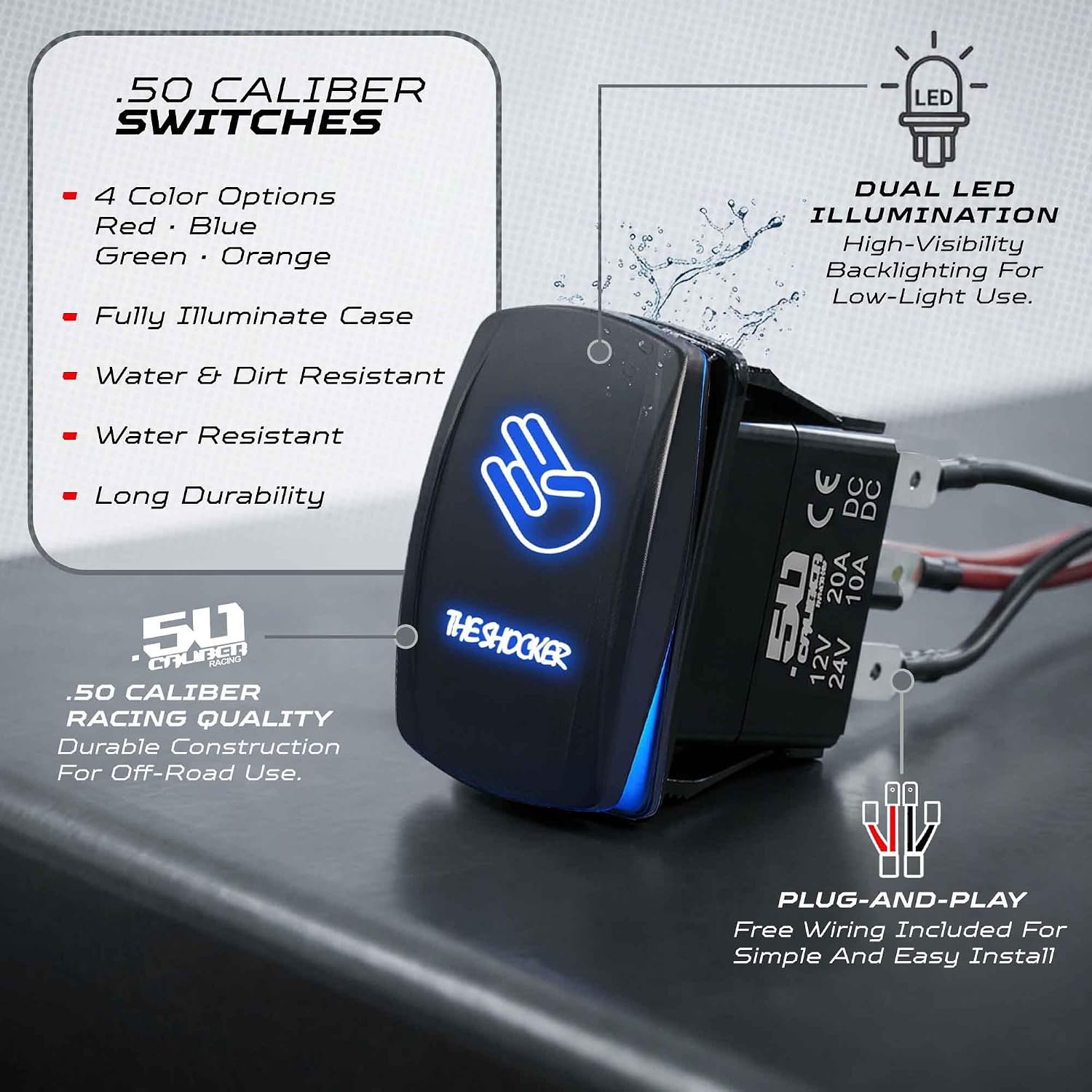 Waterproof Rocker Switch ON/Off, LED Backlit with Etched Design w/Toggle Switch 12v - Head Lights- UTV, Auto, Boat 20A Variation (Red, Rock Lights)