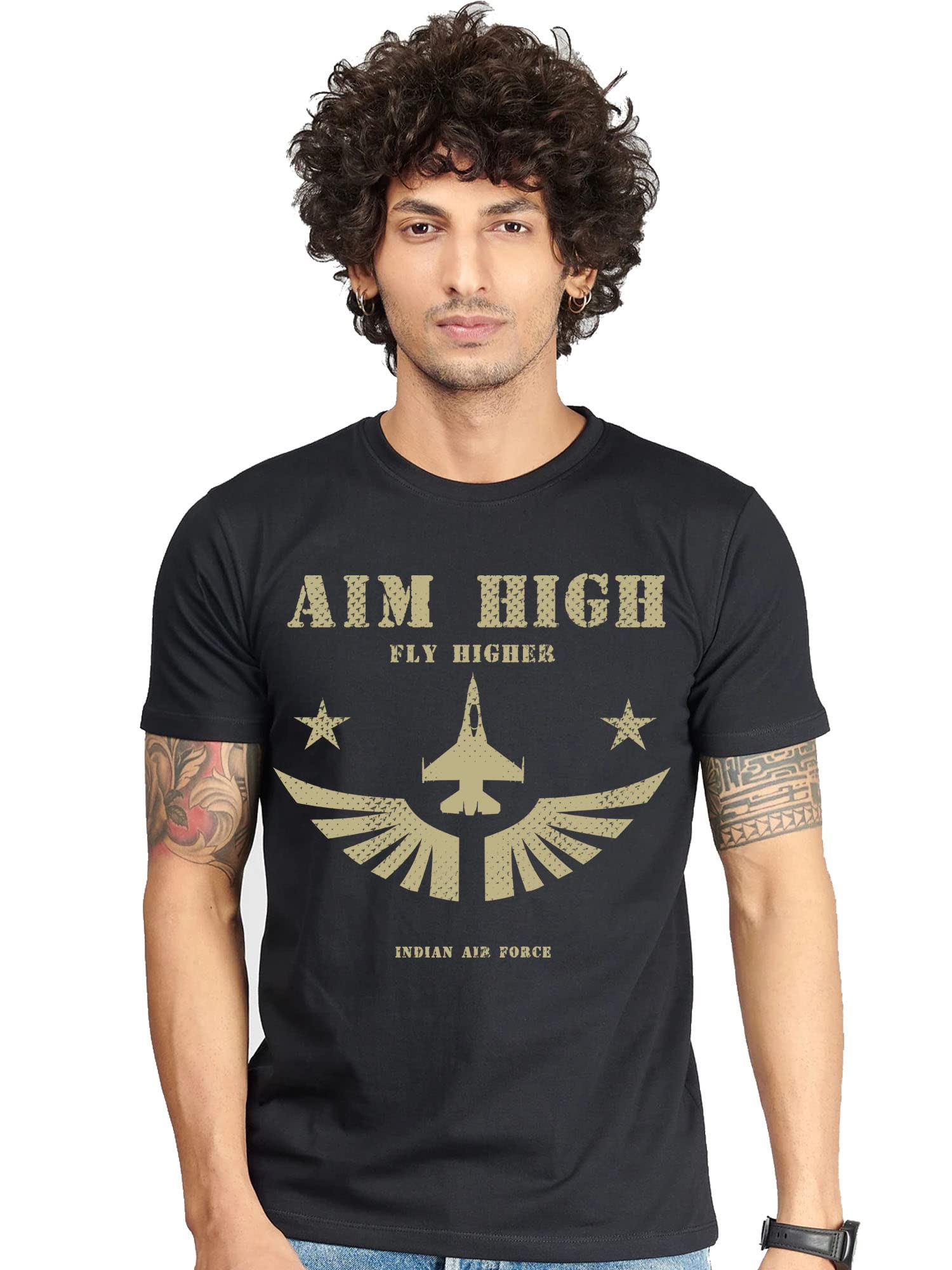 DwadashAim High Fly Higher Indian Air Force Graphics Printed Half Sleeve Tshirt for Men
