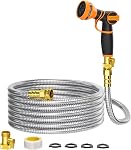 Girafe Tools Garden Hose 50ft x 5/8", 304 Stainless Steel Metal Water Hose, No Kink Garden Water Hose with 9 Pattern Spray Nozzle, Flexible, Lightweight, Kink Free Hose for Yard, Outdoor