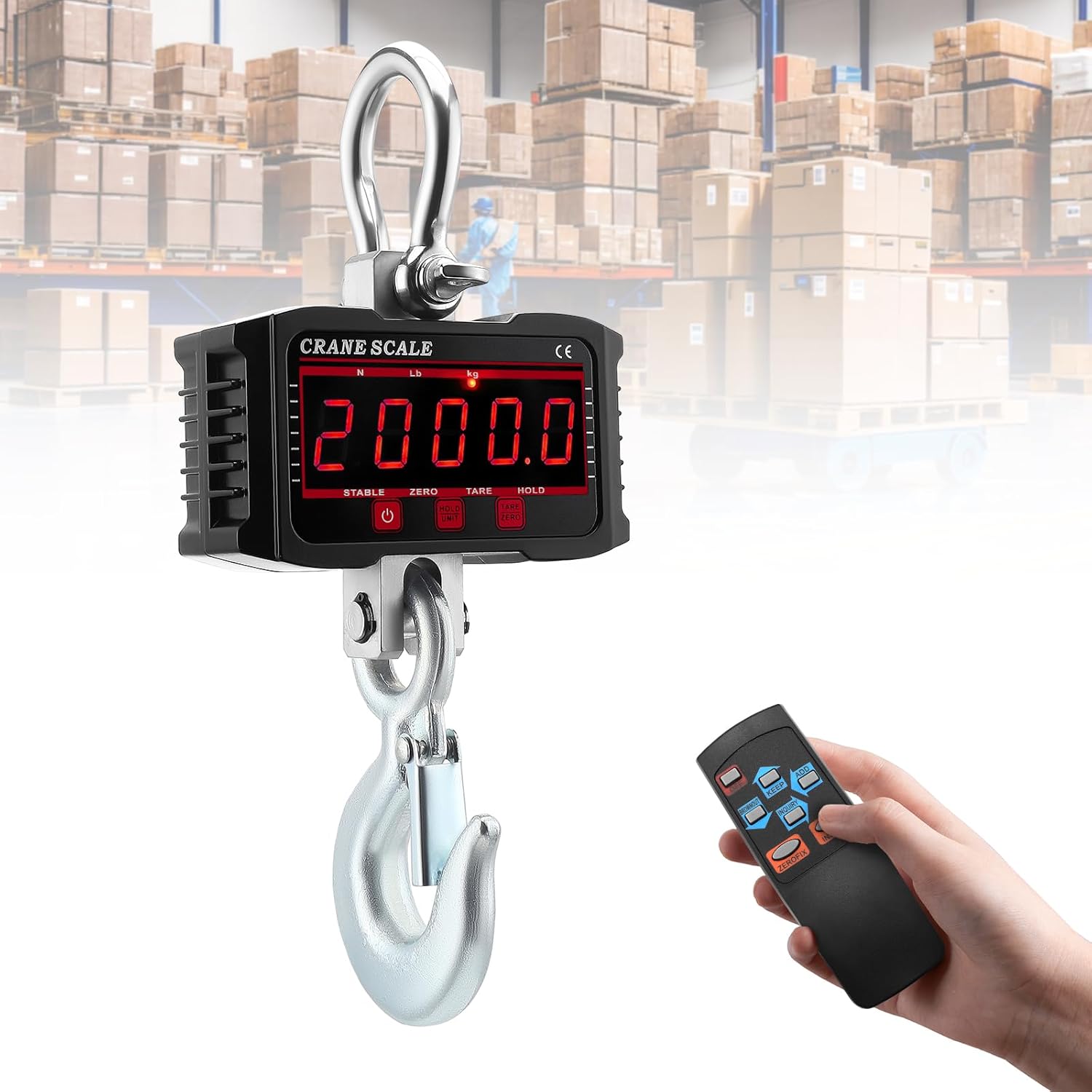 Kraanweegschaal, 2000 kg, elektronische digitale hangweegschaal, 2 ton, heavy duty, industriële hangweegschaal met groot lcd-scherm en afstandsbediening, voor boerderij, fabriek, bouw, kg/LB/N