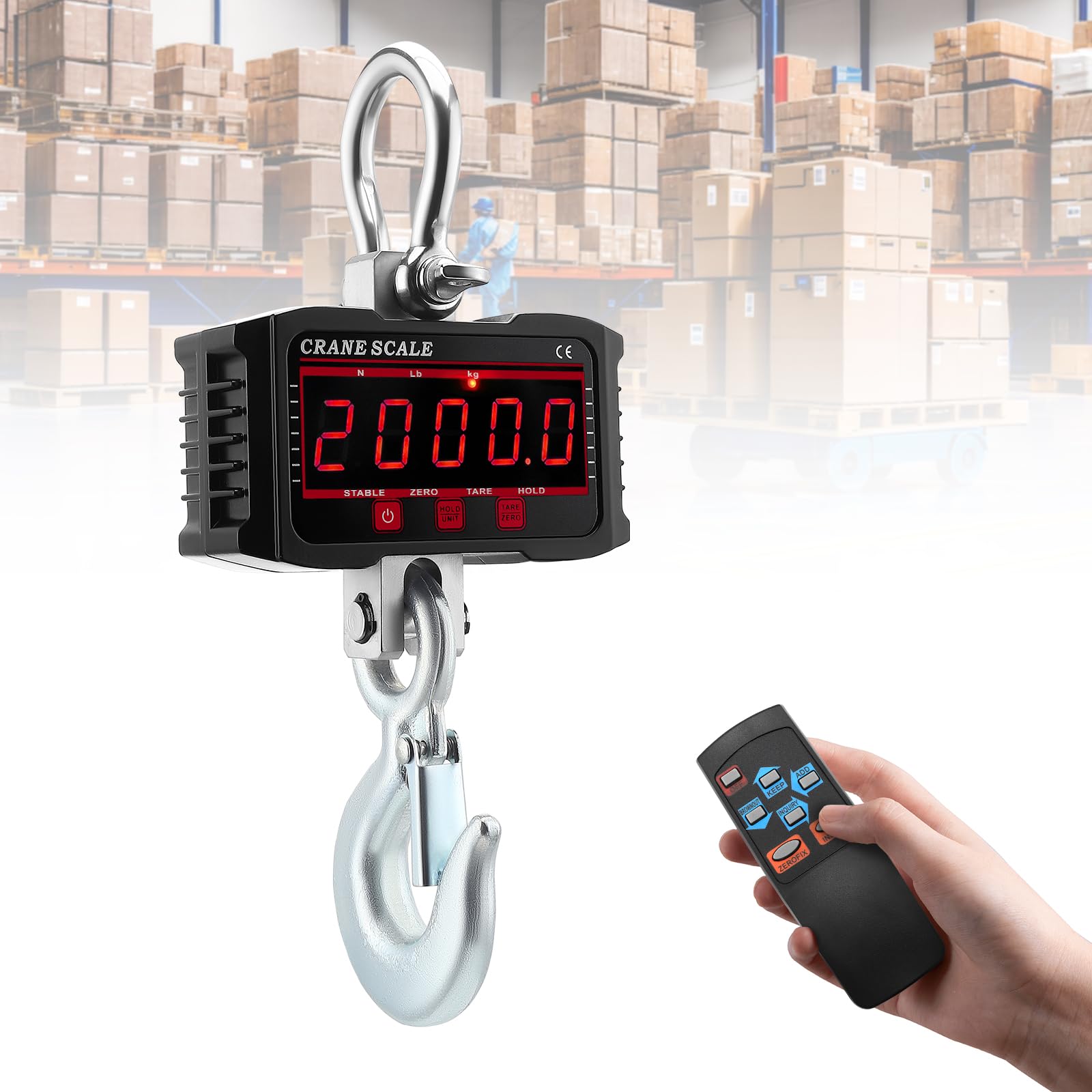 Kranwaage 2000kg/4000 lbs, Elektronische Digitale Hängewaage, 2T Hängewaage, Heavy Duty Industrie Hängende Waage mit Groß LCD Bildschirm und Fernbedienung für Bauernhof, Fabrik,BAU,KG/LB/N
