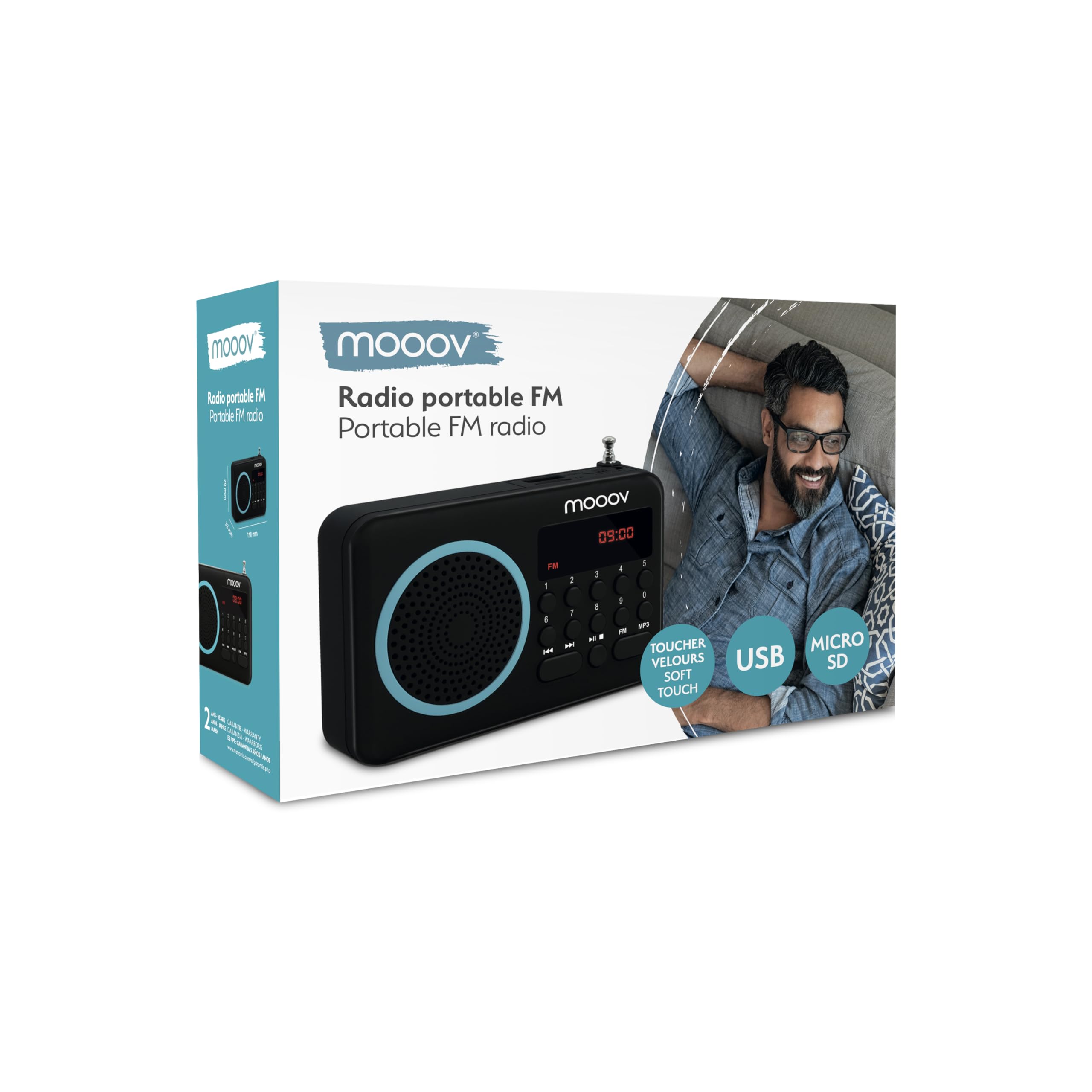 mooov 477203 Petite Radio Portable FM avec Batterie Rechargeable - Poste Transistor Radio Réception FM, Port USB, Lecteur Carte Micro SD - Noir / Bleu
