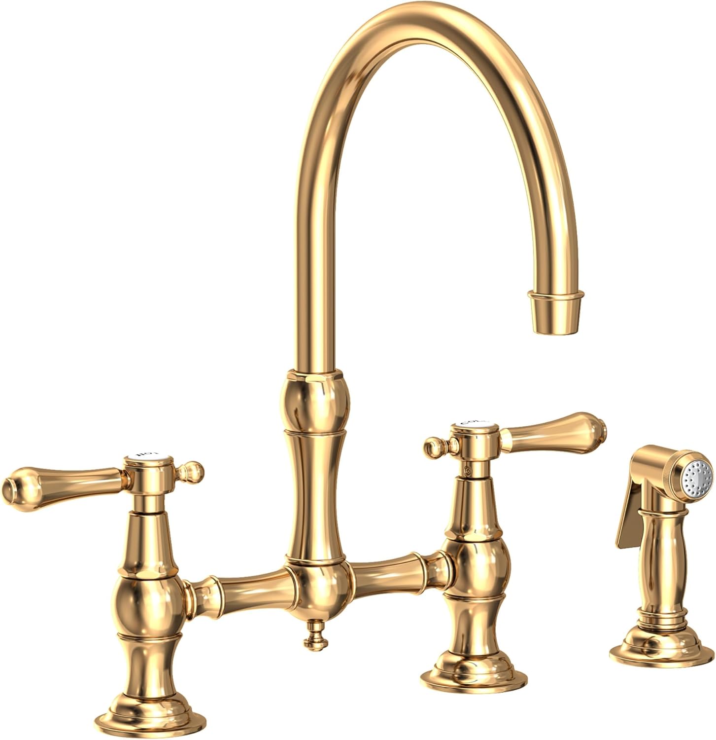 Newport Brass Chesterfield Kitchen Bridge Faucet in Polished Brass Uncoated finish with side spray