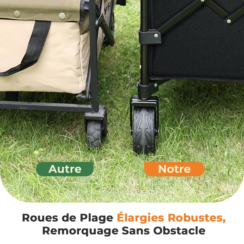SLIDBEAT Chariot Tout-Terrain Pliable avec Double Frein - Chariot de Transport pour Jardin, Plage et Courses avec Poignée Réglable 0°-90°, Structure Démontable et Lavable en Machine, Capacité XL 150KG