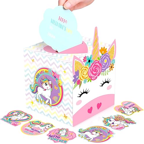 Zonon 36 cajas de San Valentín para niños, tarjetas de unicornio para el día de San Valentín y buzón, regalo de intercambio para niños y niñas,
