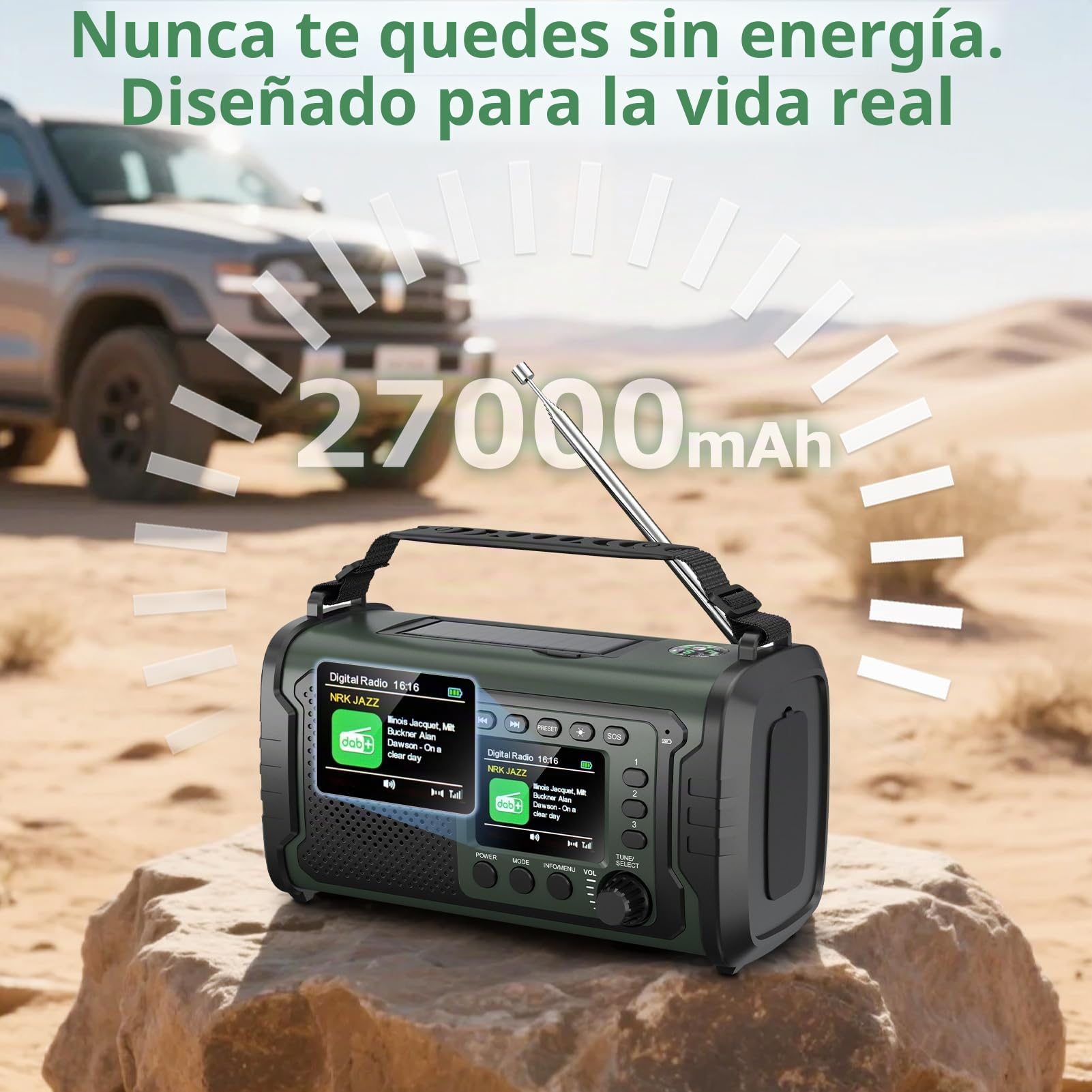 Radio de Emergencia Dab/Dab+ 27000 mAh con Manivela, Solar y Bluetooth 5.3 | Power bank, carga USB, SOS, linterna, luz lectura y brújula, para apagones, camping, autocaravana, Verde Militar